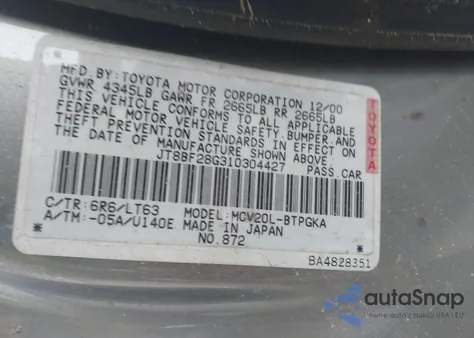 2001 Lexus Es 300 from USA, damaged, VIN JT8BF28G310304427